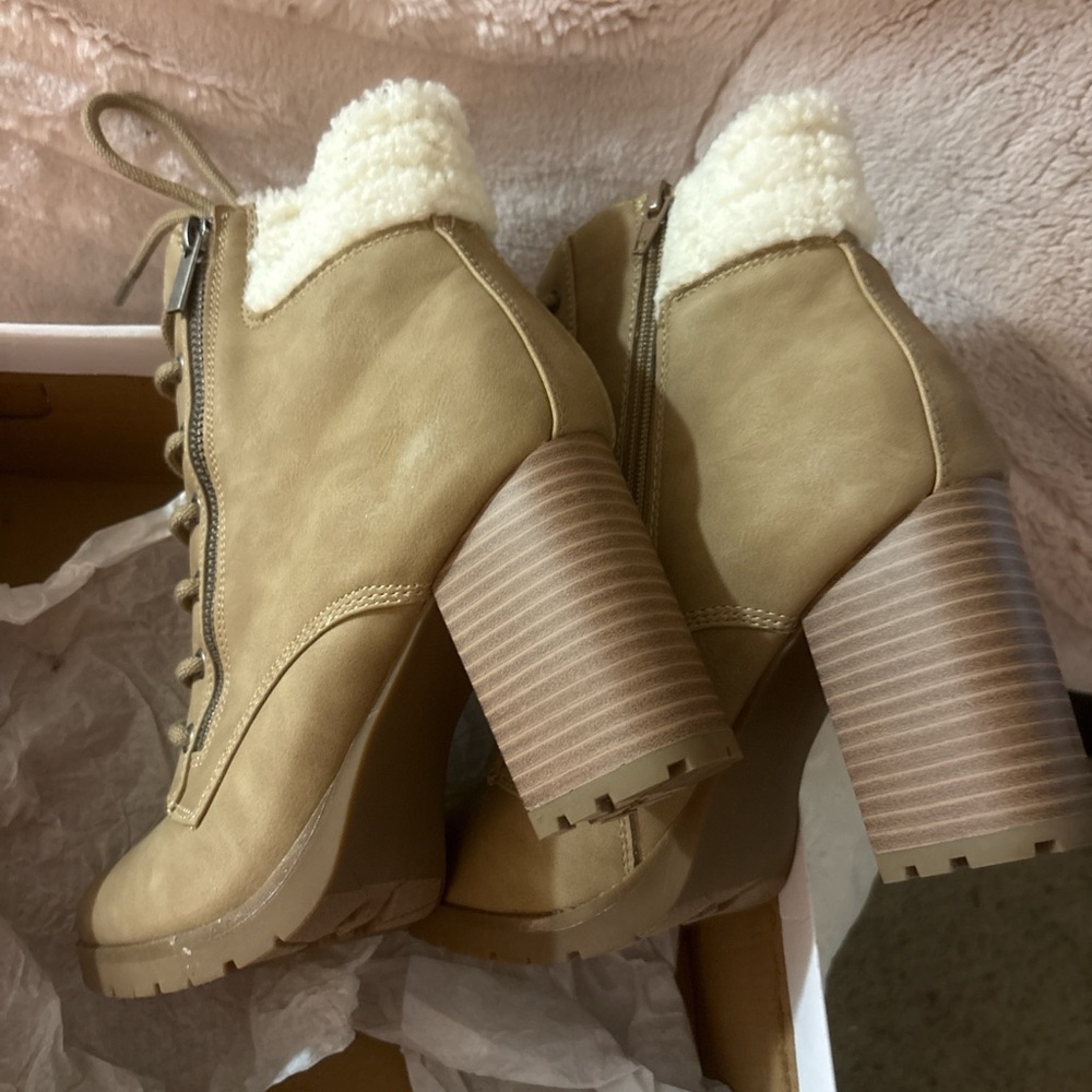 XOXO Tan Heeled Boots with Cream Accents